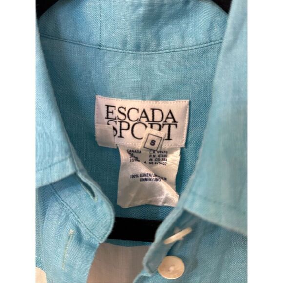 Escada Sport Aqua and White Striped Color Block Linen Button Down Blouse S - Picture 2 of 7